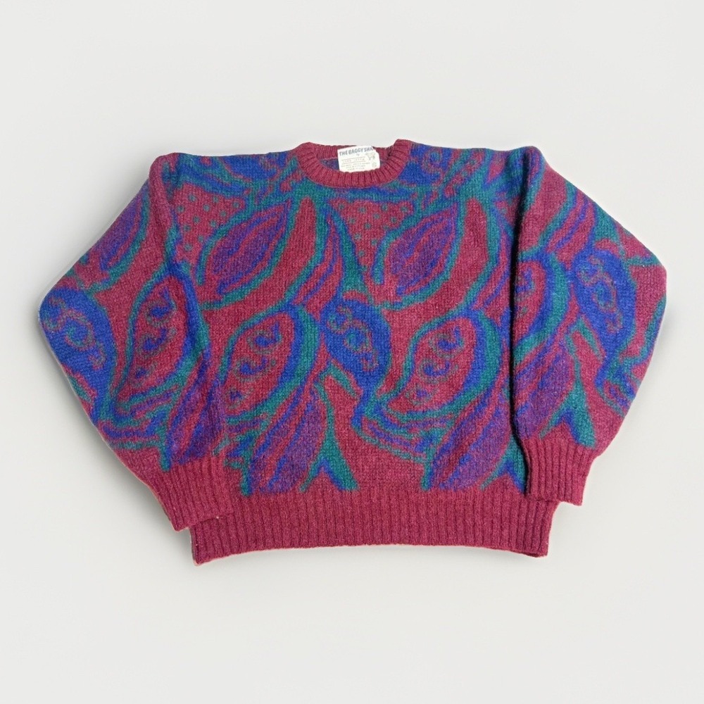 Lord Jeff The Baggy Shag Sweater XL Vintage Mohair Wool Abstract Burgundy Teal